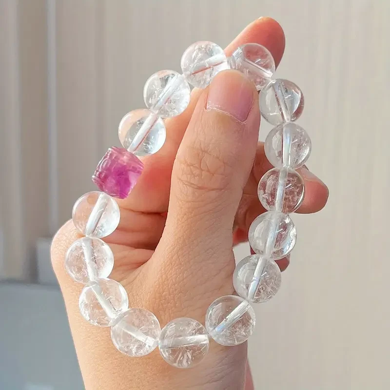 Natural White Crystal Quartz Reiki Bracelet  Geometric Pattern, Vintage Design, Clear Texture, Fashionable Accessory