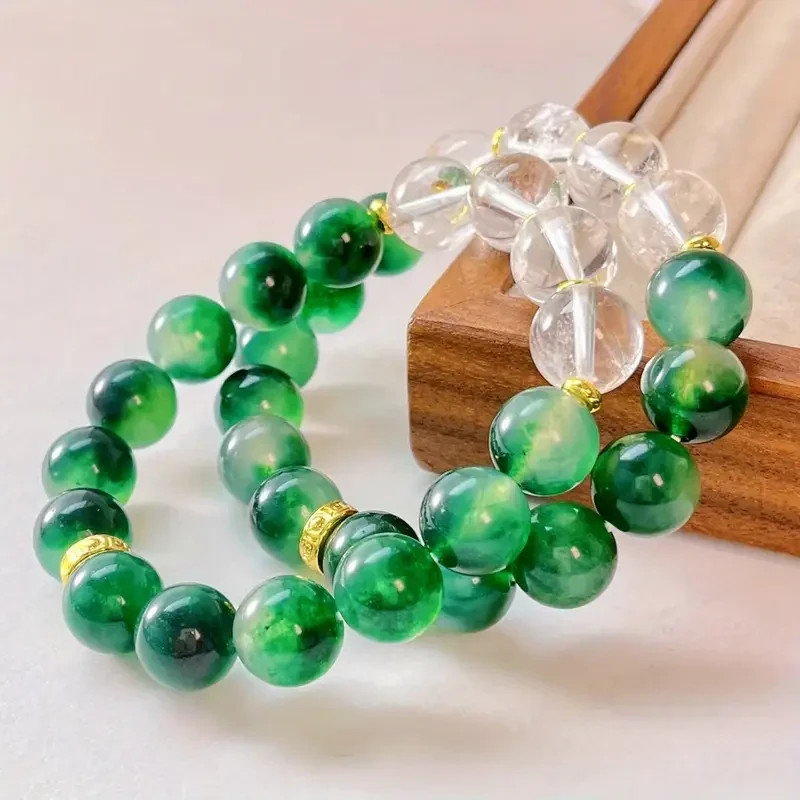 Vintage Moss Agate & White Crystal Beaded Bracelet  Handcrafted, Elegant Design with Clear Vein Patterns