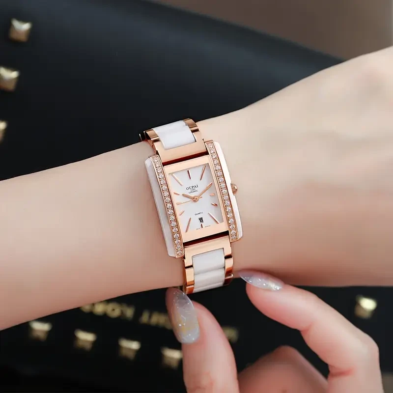 Oupai rectangular dial with stainless steel and white ceramic strap