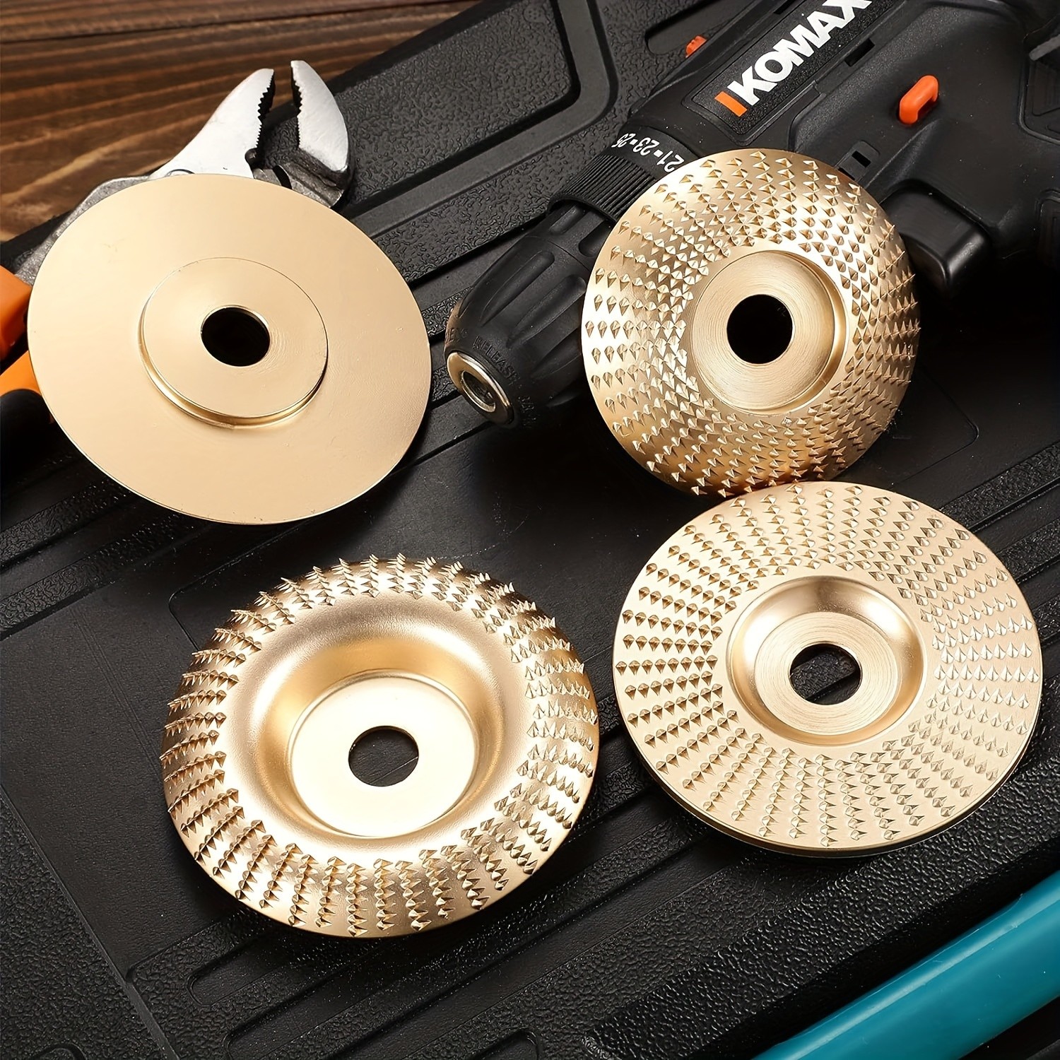 3pcs Wood Carving Disc Set  4-1/2 Inch Attachments with 5/8 Inch Arbor  Grinding Wheel for Grinding and Shaping  Golden