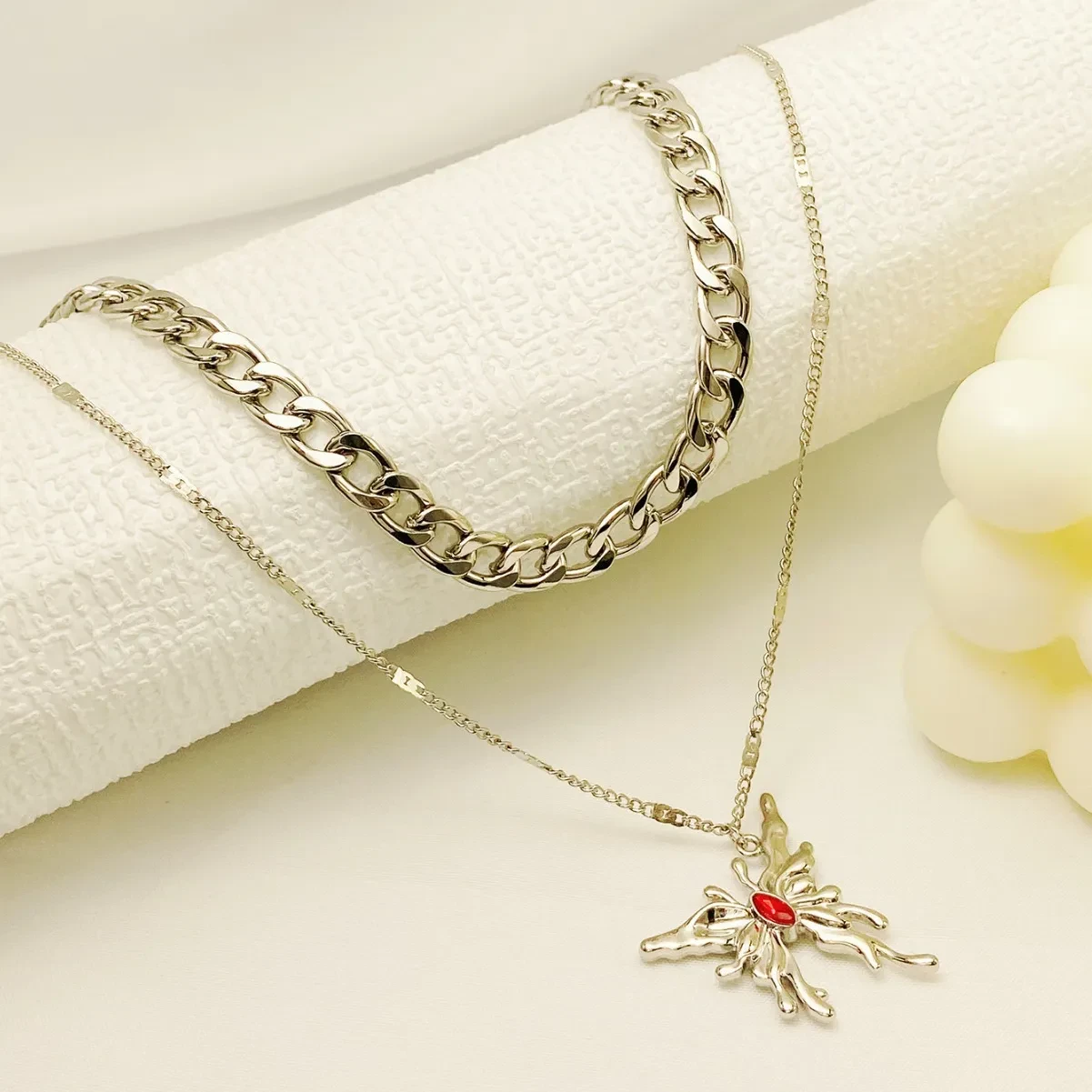 Simple Red Gemstone Butterfly Pendant Multi-layer Necklace