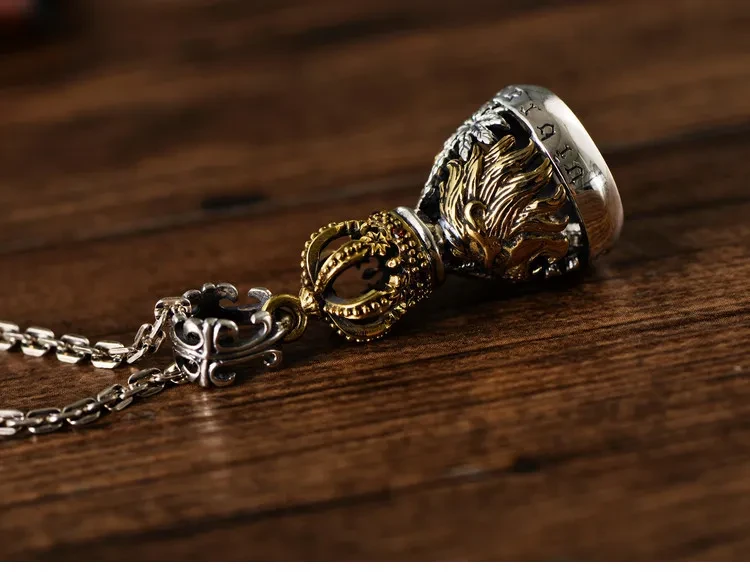 S925 Sterling Silver European And American Domineering Crown Lion Maple Leaf Hollow Bell Trendy Men's Pendant