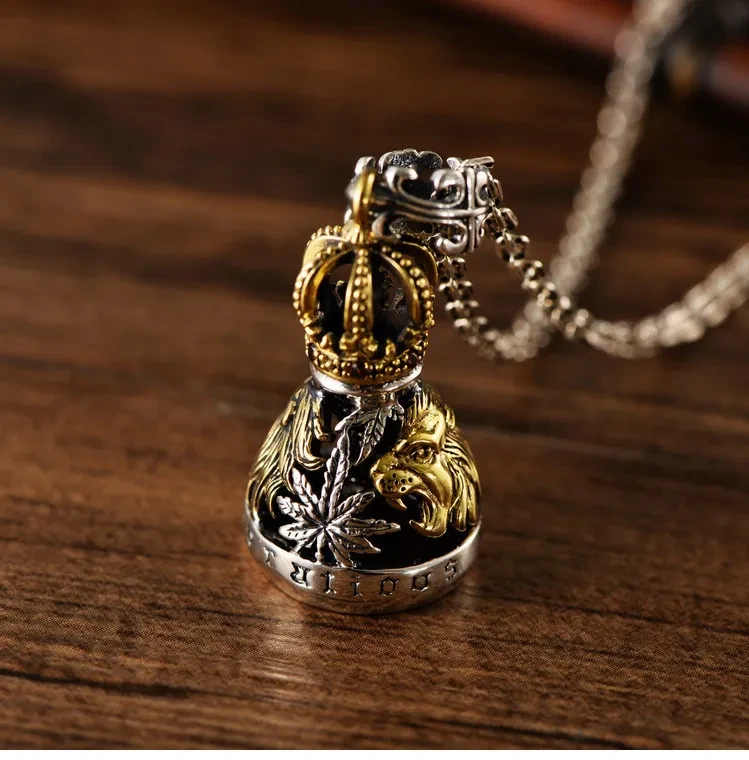 S925 Sterling Silver European And American Domineering Crown Lion Maple Leaf Hollow Bell Trendy Men's Pendant