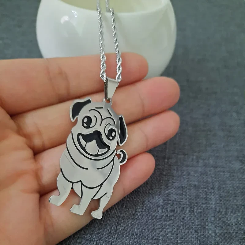 Stainless steel cartoon pug pendant necklace