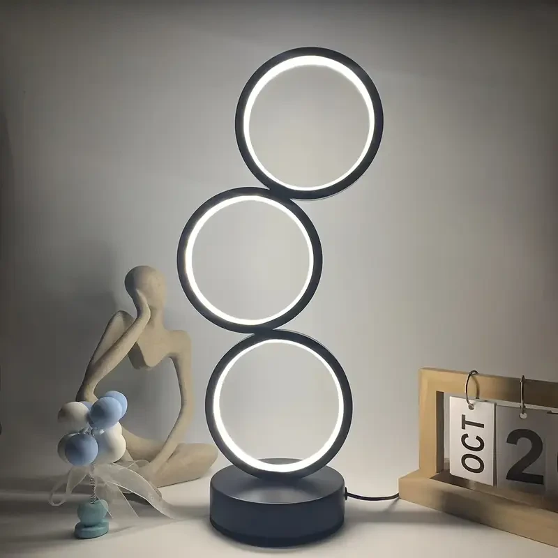 1pc Modern Art Deco LED Ring Desk Lamp Stylish & Minimalist Design with Triple Circular Light, Adjustable Brightness, USB Powered, Ideal for Bedroom, Living Room, or Office, Perfect for Home Decor