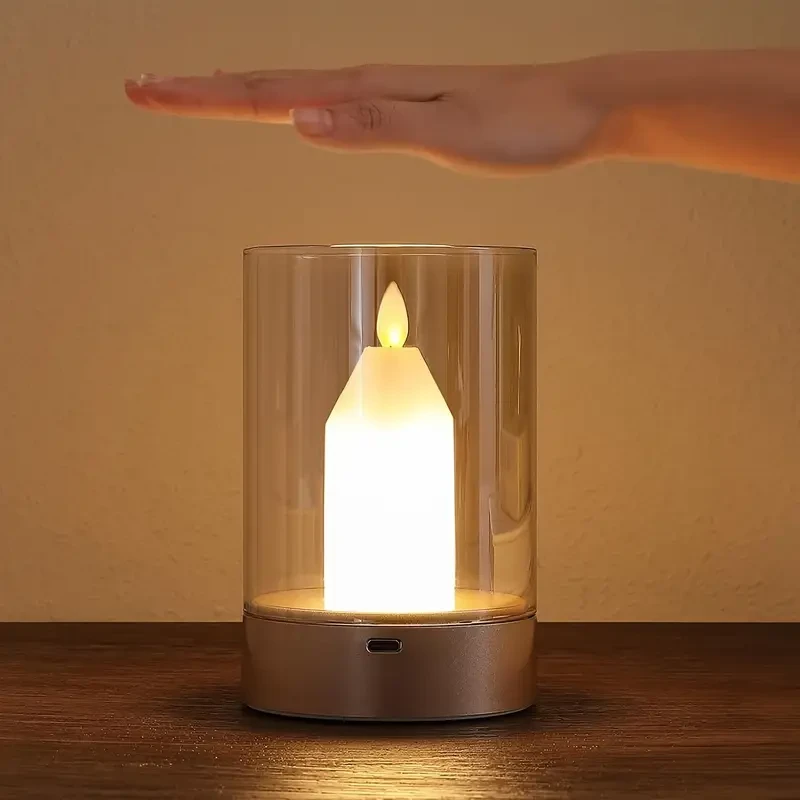 1pc Dimmable Flameless Glass Candle Lamp with Motion Sensor Control  Rechargeable Cordless Night Light for Bedroom, Restaurant, Cafe, Warm Light Table Lantern