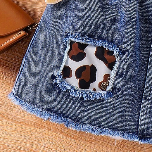 Children Suit Sunken Stripe Letter Jacket Leopard Patch Denim Skirt