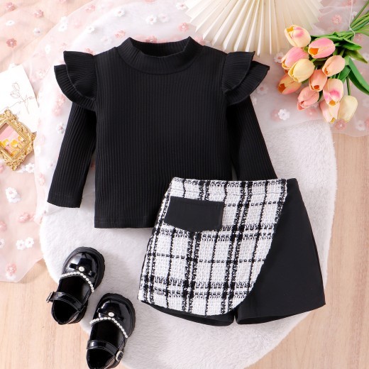 Trendy Style Girls' Skirt Set Solid Color Striped Long Sleeve Classic Style Culottes Two-piece Set