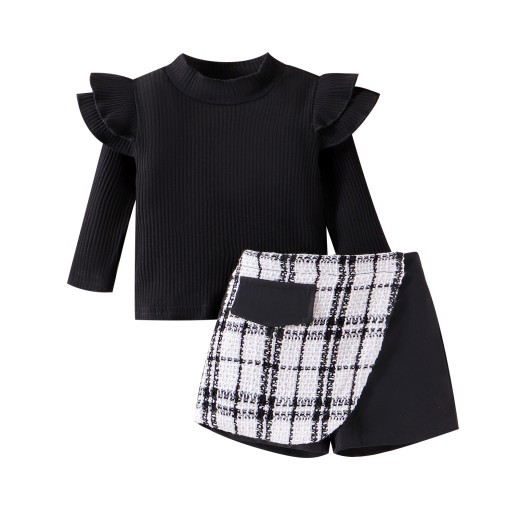 Trendy Style Girls' Skirt Set Solid Color Striped Long Sleeve Classic Style Culottes Two-piece Set