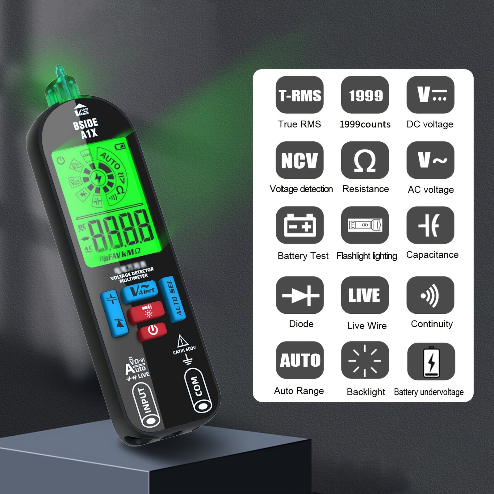 A1X Intelligent Digital Multimeter - Rechargeable, Non-Contact, Fast & Accurate DC/AC Voltage, Current, Resistance, Continuity, Temperature, Live Wires Check - Anti-Burn Design