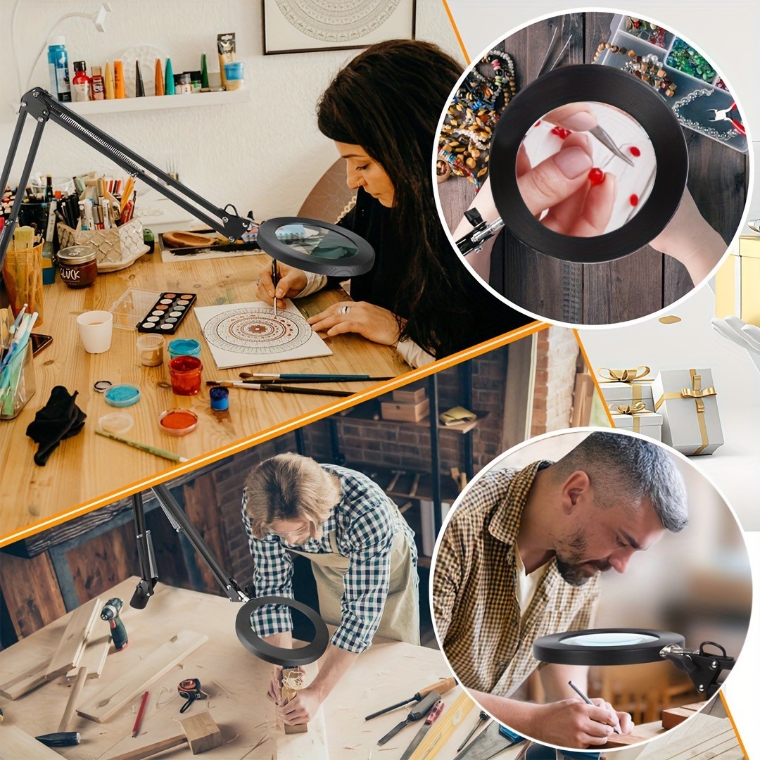 Versatile Large 10X Magnifying Glass With Light, 5-Inch Real Glass Stand Lighted Magnifier, 3 Color Modes Stepless Dimmable LED Magnifying Desk Lamp With Clamp, Hands-Free For Close Work Crafts Hobby