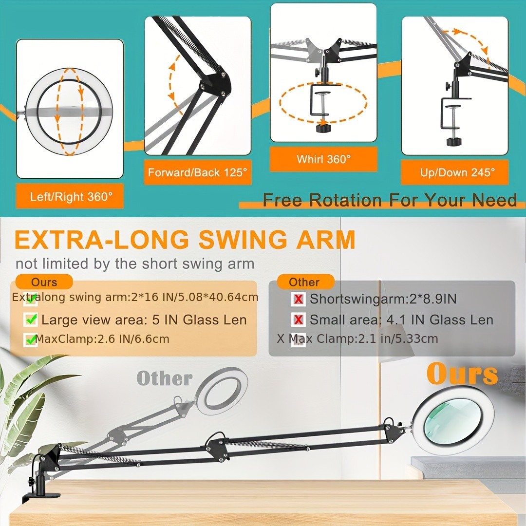 Versatile Large 10X Magnifying Glass With Light, 5-Inch Real Glass Stand Lighted Magnifier, 3 Color Modes Stepless Dimmable LED Magnifying Desk Lamp With Clamp, Hands-Free For Close Work Crafts Hobby