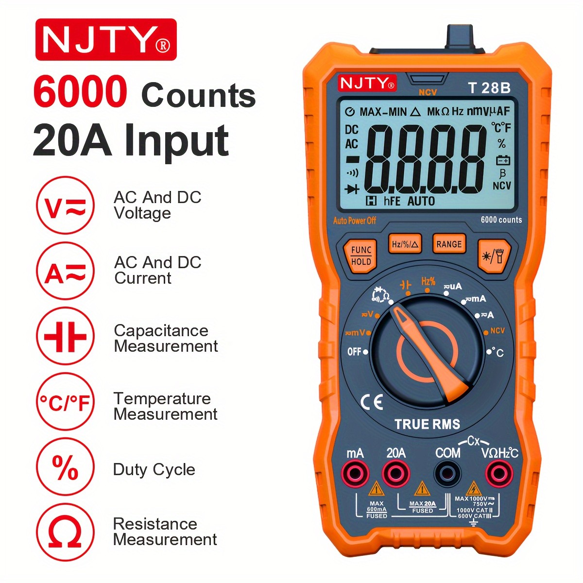TRMS Digital Multimeter - Measures Voltage, Current, Resistance, Diodes, Continuity, Duty-Cycle, Capacitance, and Temperature - Ideal for Automotive Use