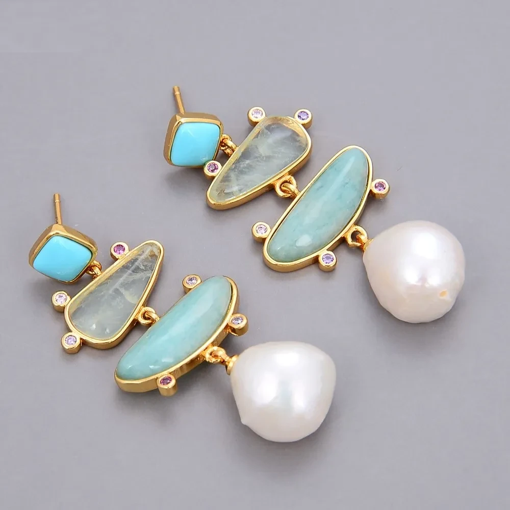 White Pearl Blue Turquoise Turquoise Stud Earrings