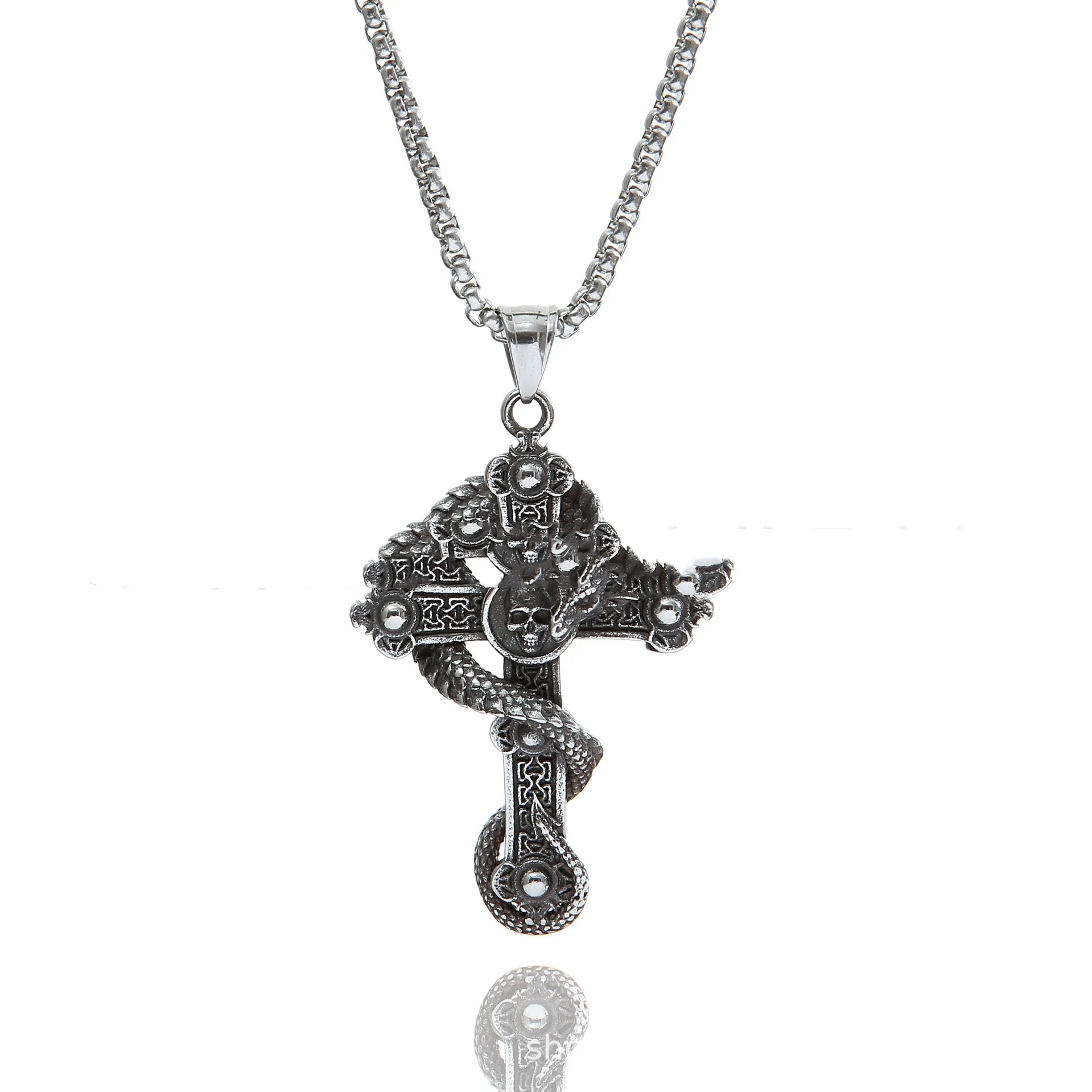 European And American Stainless Steel Necklace Cross Dragon Pendant