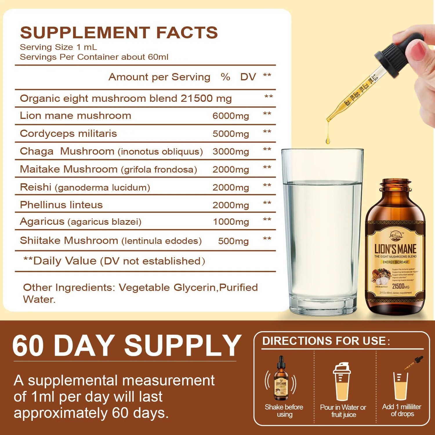 60ml Lion Mane, Chaga Mushroom Complex Reishi Extract Liquid Herbal Drops