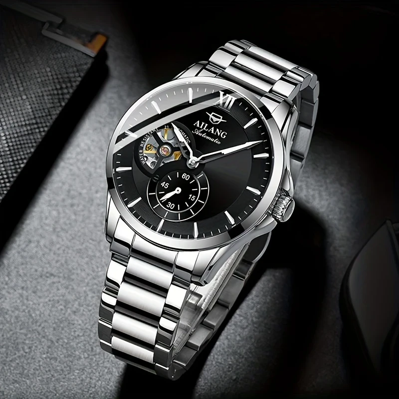 Elegant Automatic Chronograph Watch for Men  Stainless Steel Bracelet, Skeleton Dial, Self-Winding Mechanism, Perfect for Business and Casual Wear