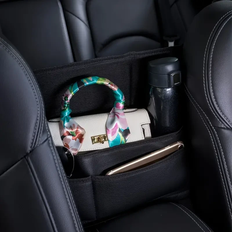 Faux Leather Car Seat Organizer - Multi-Functional Storage Bag with Handbag Holder & Pet Barrier
