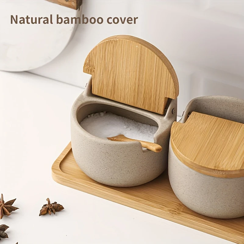 Japanese Ceramic Bamboo and Wood Lid Seasoning Jar Set  Elegant and Practical Storage for Salt, Sugar, and Spices