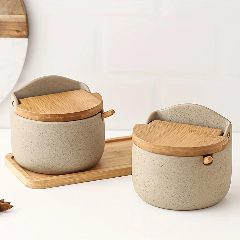 Japanese Ceramic Bamboo and Wood Lid Seasoning Jar Set  Elegant and Practical Storage for Salt, Sugar, and Spices