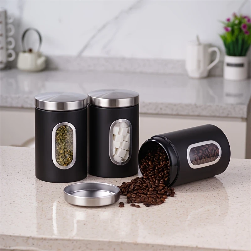 3pcs Black/Gray Food Containers for Coffee, Sugar, Tea, and Beans Airtight Storage Cans for Kitchen Organization