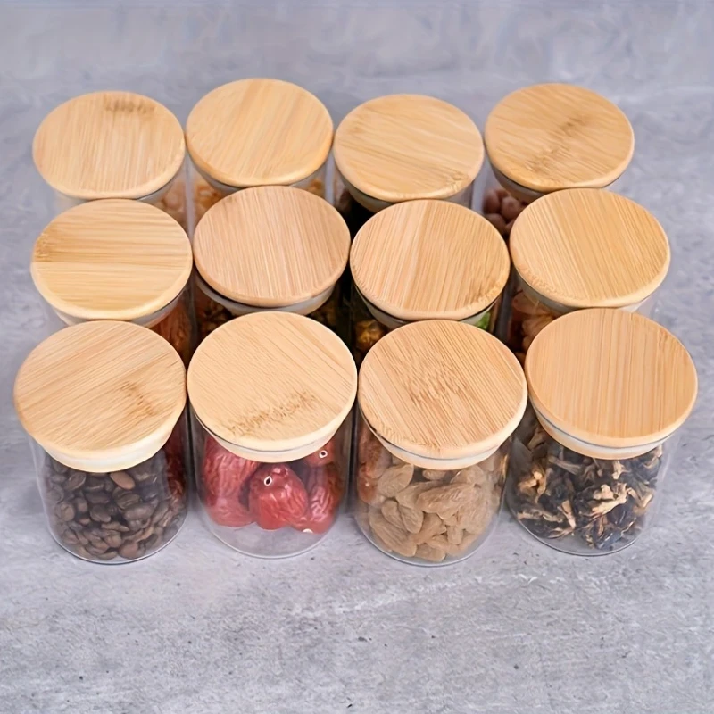 1SET-12-6-4pcs Glass Storage Jars with Bamboo Lids Airtight Food Containers for Tea, Coffee Beans, Sugar, Cookies, and More Product Overview