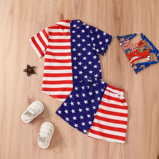Summer Boys' Independent Japanese Star Stripe Single-breasted Short Sleeve Shorts Suit