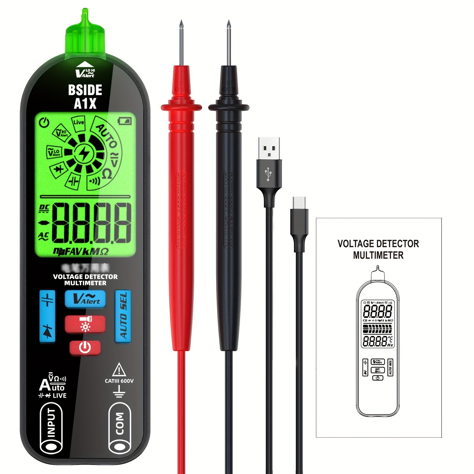 A1X Intelligent Digital Multimeter - Rechargeable, Non-Contact, Fast & Accurate DC/AC Voltage, Current, Resistance, Continuity, Temperature, Live Wires Check - Anti-Burn Design