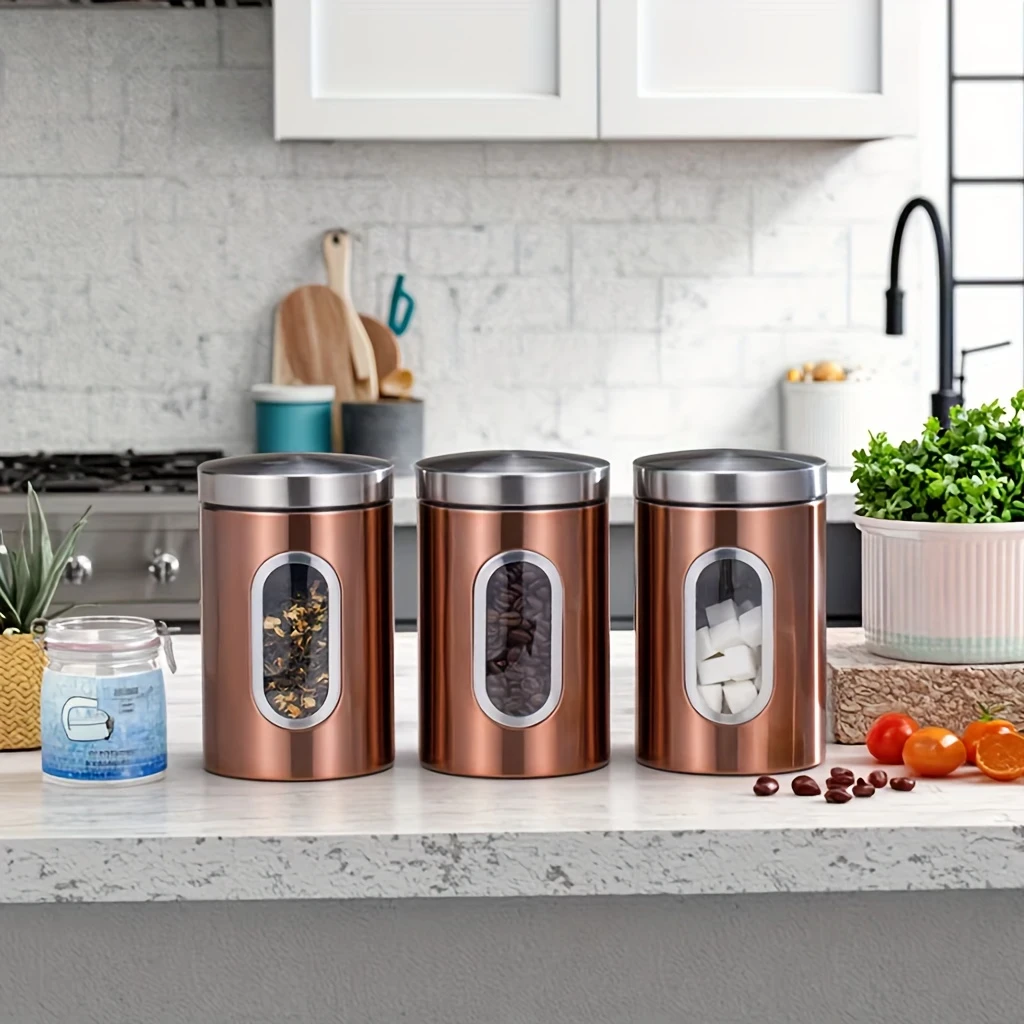 Set of Three Clear Copper Stainless Steel Airtight Containers with Visible Capacity Windows  The Perfect Storage Solution for Your Kitchen