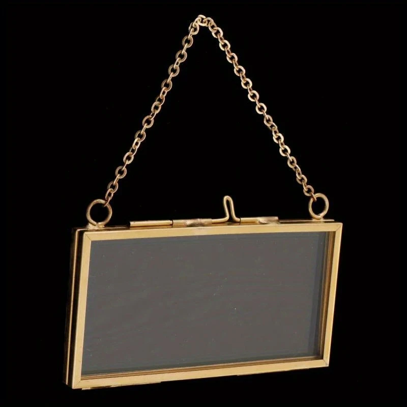 Vintage Copper-Toned Glass Photo Frame  5x10cm, Rustic Wall-Mounted Display for Artistic Plant Specimens & Pictures, Elegant Home Decor with Metal Chain Link, Plant Deco