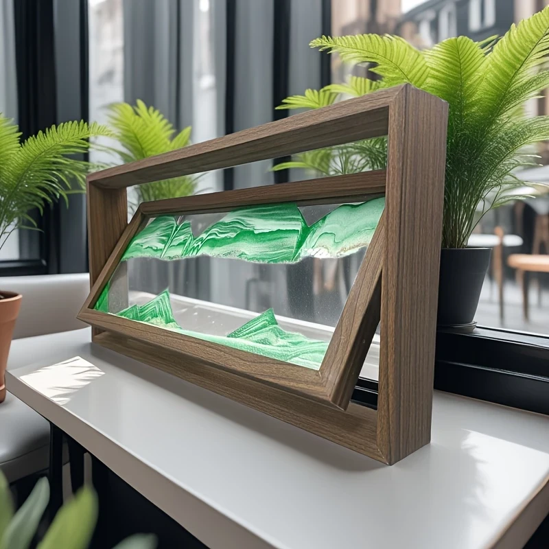 1pc 38.1cm Green High-end Furniture Decoration Unique Glass Artwork  Independent Packaging Large Size 3D Sand Painting, Flippable Wooden Picture Frame, Exquisite Desktop Ornament, Suitable for Living Room, Dining Table, TV Cabinet, Office Relaxation Deco