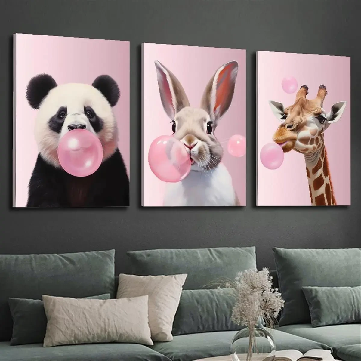 3pcs Wood Frame Canvas Print Decorative Painting - Whimsical Animal Illustrations