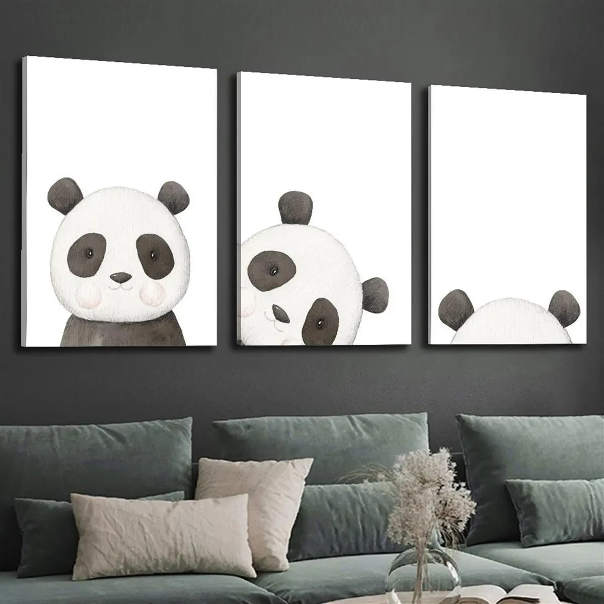 3pcs Wood Frame Canvas Print Decorative Painting  Watercolor Cartoon Panda Painting