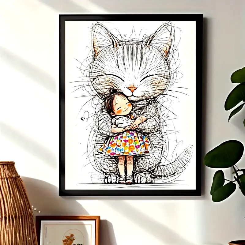 Charming Cartoon Cat & Girl Watercolor Canvas Art  Frameless Modern Wall Art