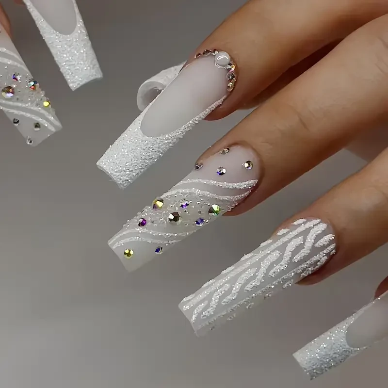 White Stiletto Nails with Diamonds