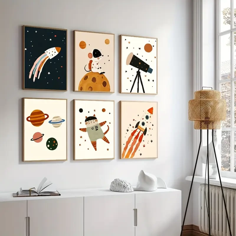 Set of 6 Unframed Outer Space Adventure Nursery Canvas Poster Print  Inspiring Space-Themed Wall Art for Youngsters Rooms