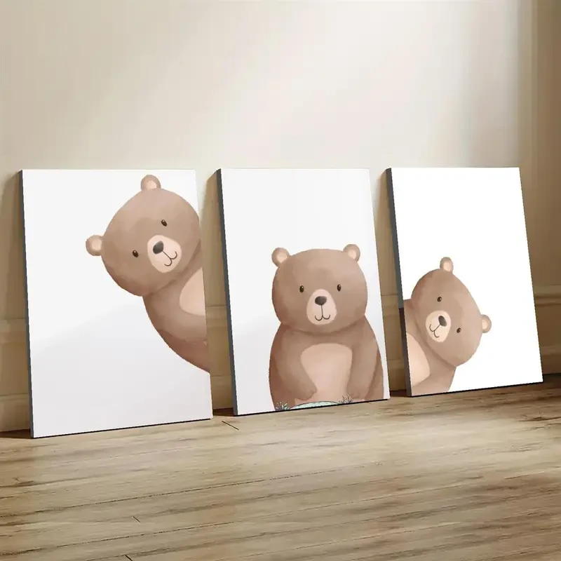 3pcs Wooden Framed Peeping Bear Nursery Print  Neutral Nursery Bear Wall Art for Creative Home Decor