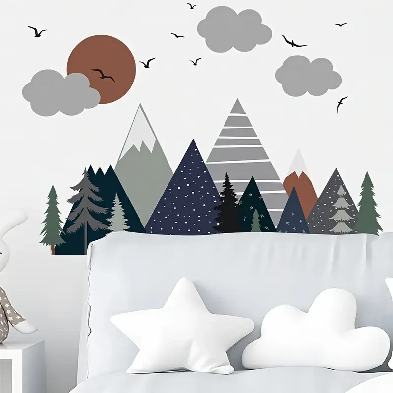 2pcs Boho Watercolor Wall Decals  Mountain, Sun, Tree & Bird Designs for a Creative, Natural Vibe