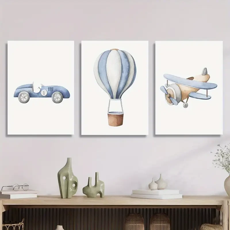 3pcs Wood Framed Canvas Print Art  Cute Watercolor Vehicles and Airplanes Art for Kids Rooms