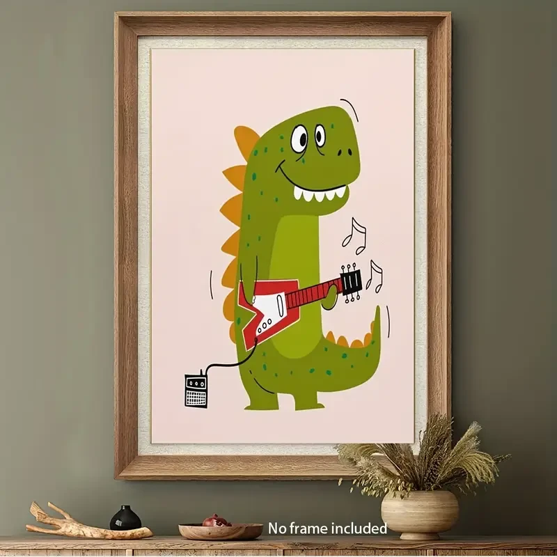 Funny Dinosaur Playing Guitar Canvas Art Print  Whimsical 12x18 Inch Wall Decor for Kids' Rooms