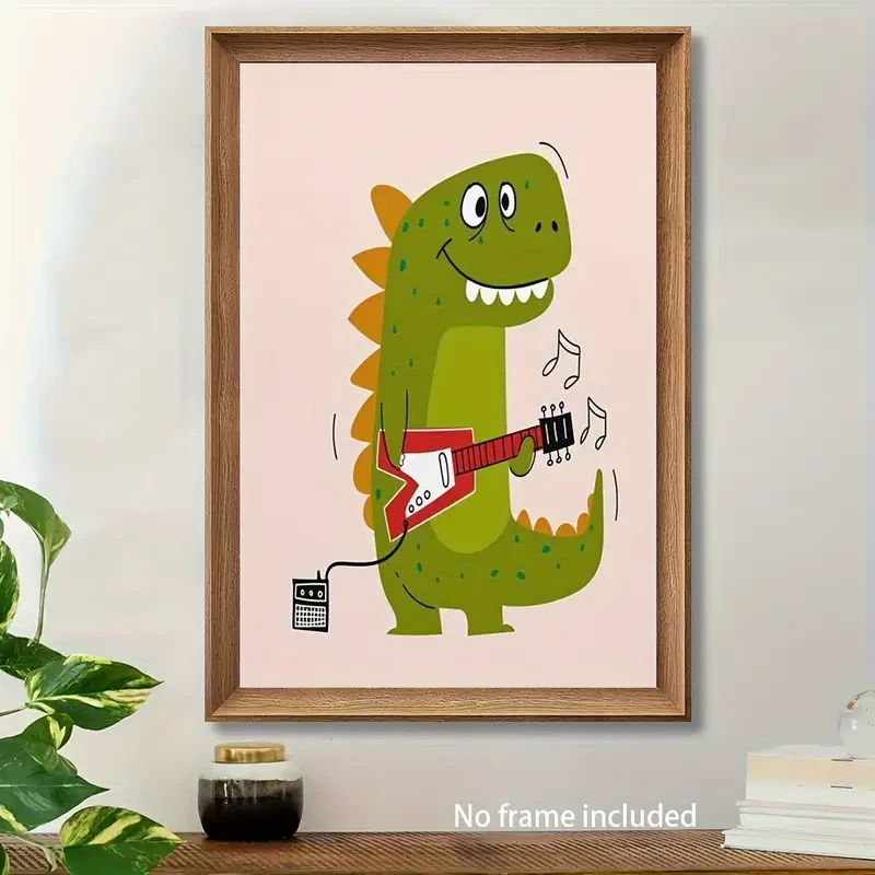 Funny Dinosaur Playing Guitar Canvas Art Print  Whimsical 12x18 Inch Wall Decor for Kids' Rooms