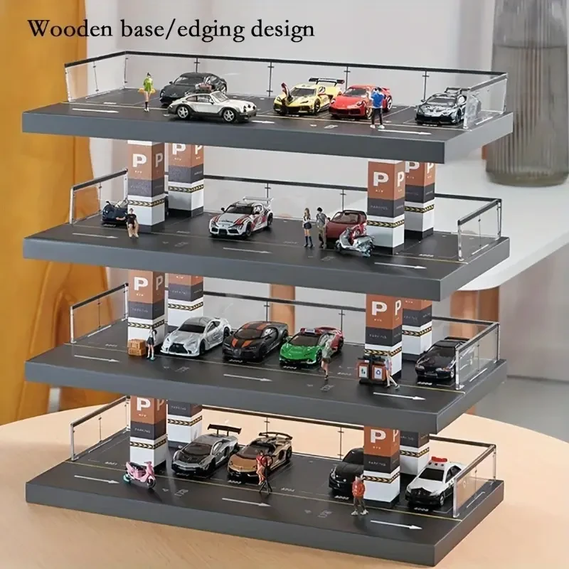 4-Tier 1/64 Scale Acrylic Parking Garage Display with Solid Wood Transparent Collection & Storage Cabinet for Die-Cast Cars, Educational Stacking Toy, Easy Organization, Ideal for Collectors Ages 14+