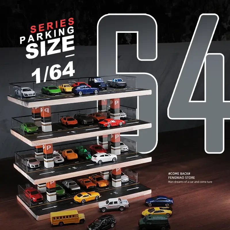 4-Tier 1/64 Scale Acrylic Parking Garage Display with Solid Wood Transparent Collection & Storage Cabinet for Die-Cast Cars, Educational Stacking Toy, Easy Organization, Ideal for Collectors Ages 14+