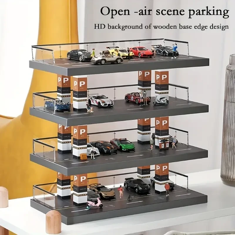 4-Tier 1/64 Scale Acrylic Parking Garage Display with Solid Wood Transparent Collection & Storage Cabinet for Die-Cast Cars, Educational Stacking Toy, Easy Organization, Ideal for Collectors Ages 14+