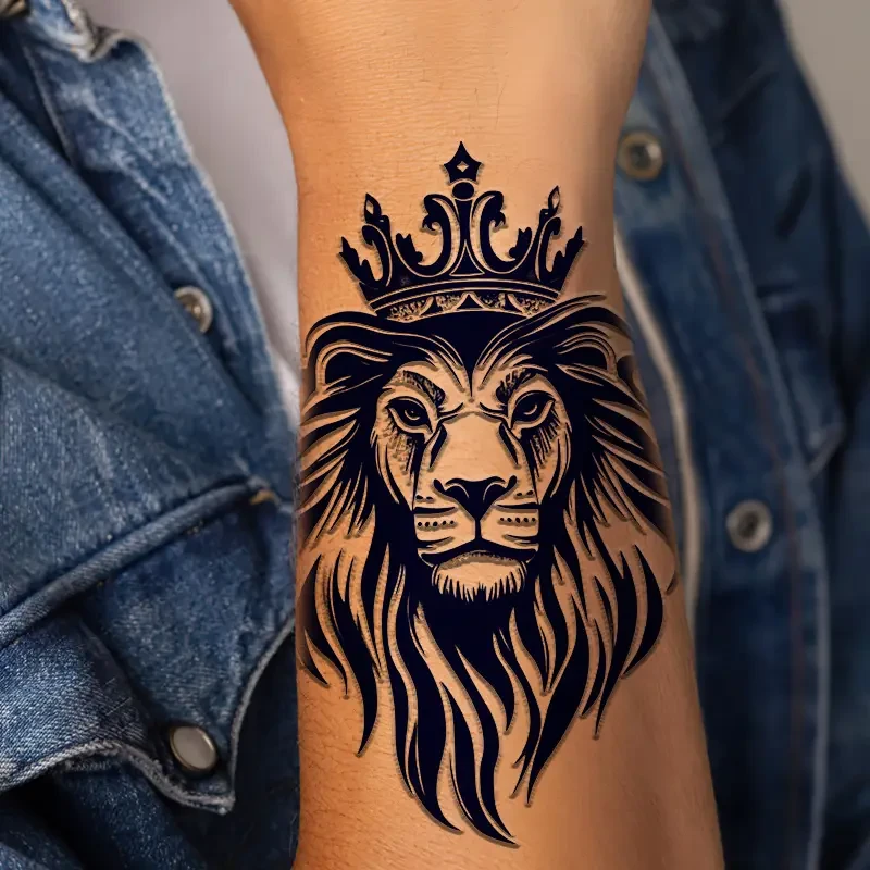 3-Pack Lion King Temporary Tattoos Semi-Permanent Realistic Navy Blue Body Art, Crowned Lion Design, Long-Lasting 1-2 Weeks, 10.16x13.97 cm, for Adults