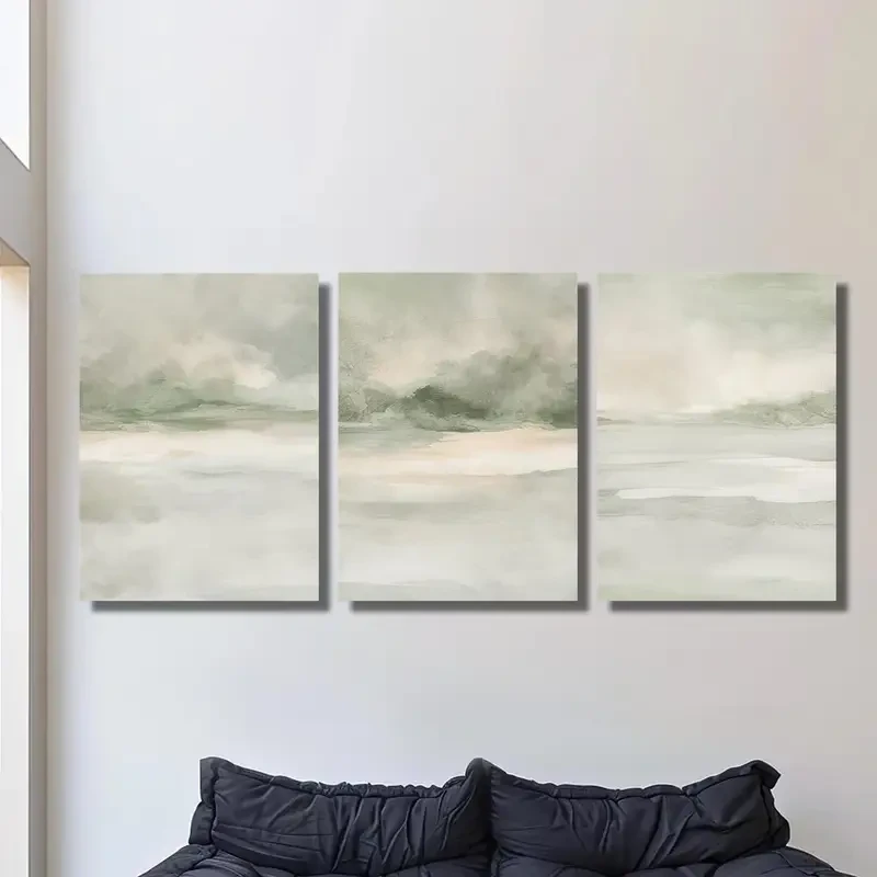 [2D Flat] 3pcs Sage Green Abstract Canvas Wall Art Set  Modern Minimalist Landscape Painting with Wooden Frame for Home, Office, Bedroom, Bathroom, and Restaurant Decor