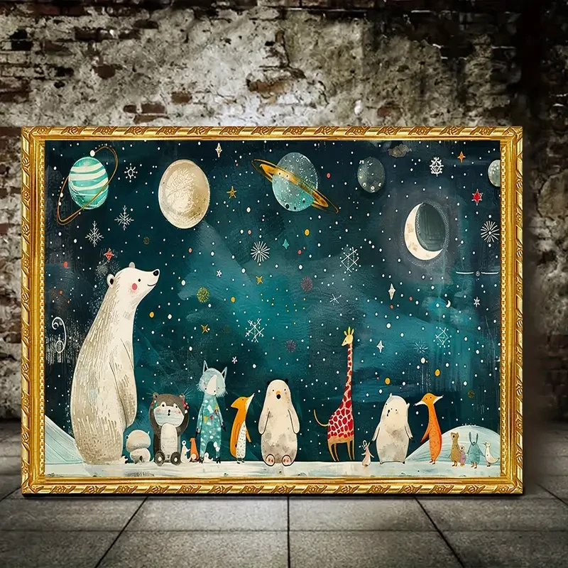 2D Animal Gathering Canvas Wall Art Whimsical Forest Scene with Polar Bear, Deer, and Squirrels, Frameless 16x12, Ideal for Home, Bedroom, Kitchen, Bathroom, Hotel, Cafe, Office, and More