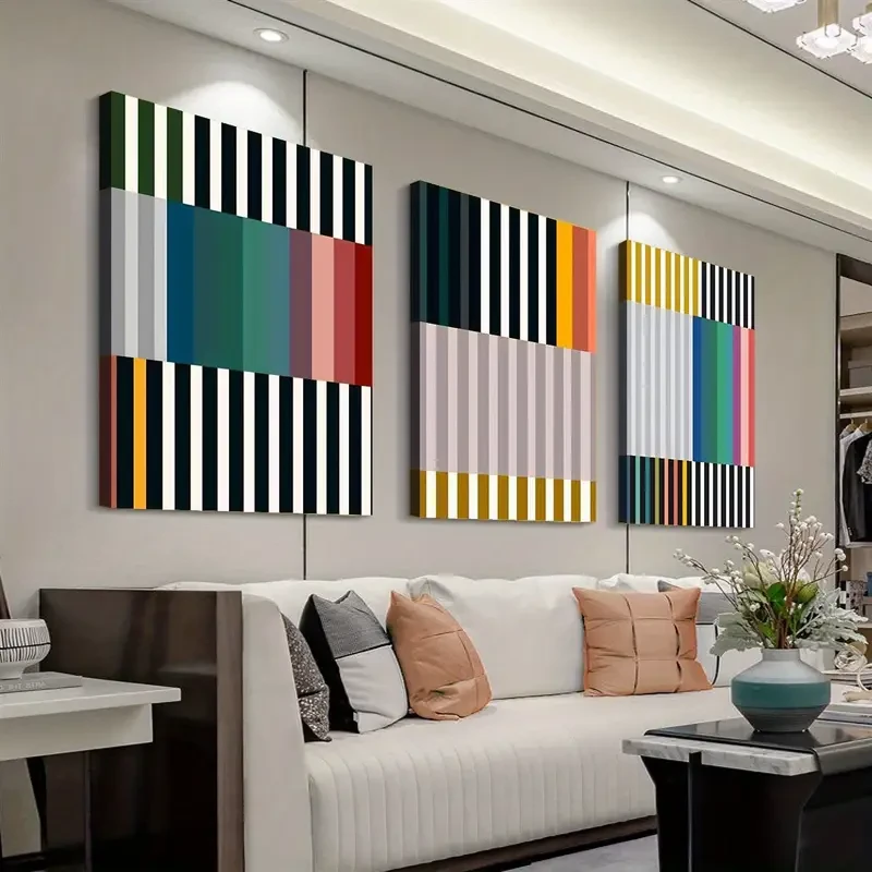 3-Piece Abstract Geometric Canvas Art Print Set  Modern & Art Deco Style, Ink on Canvas, Wrap Canvas Frames for Home Office, Living Room, Bedroom, Bathroom, Dining Room - Vertical Orientation