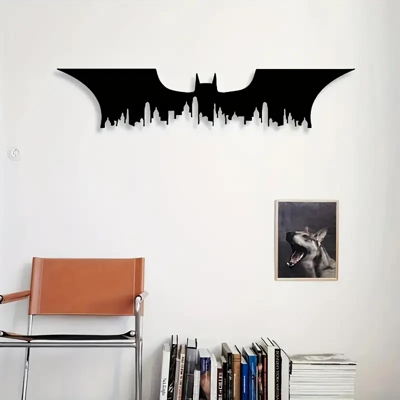 Modern Bat Silhouette Metal Wall Sculpture - Superhero City Design Wall Art