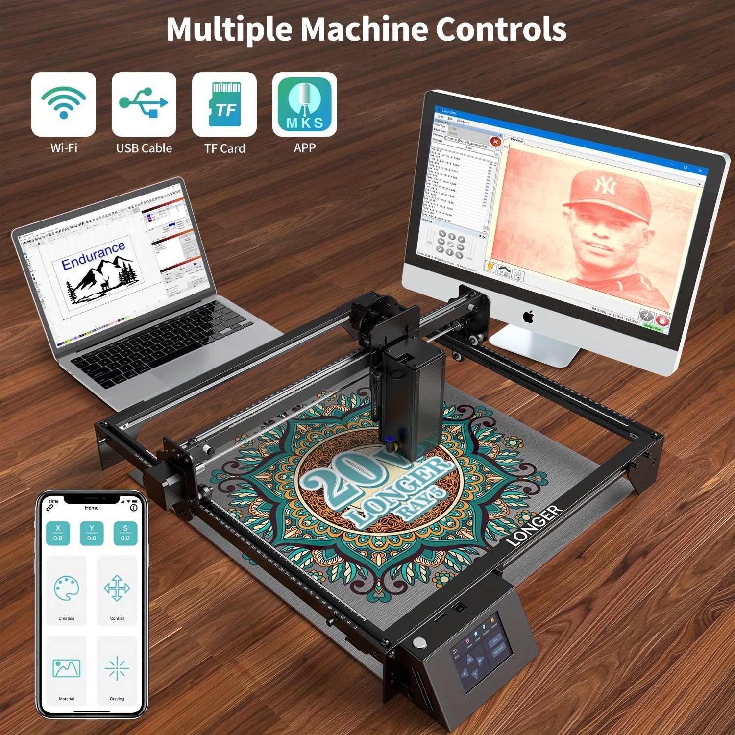 Longer RAY5 Laser Engraver 20000mW Output Power, 3.5" Touch Screen, APP Offline Control, DIY Engraver Tool for Metal, Glass, Wood, Engraving Area 15.75"x14.37"